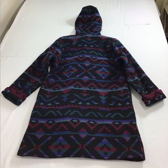 Woolrich Black Longline Aztec Print Hooded Overcoat Size Medium Made In USA - Picture 4 of 13